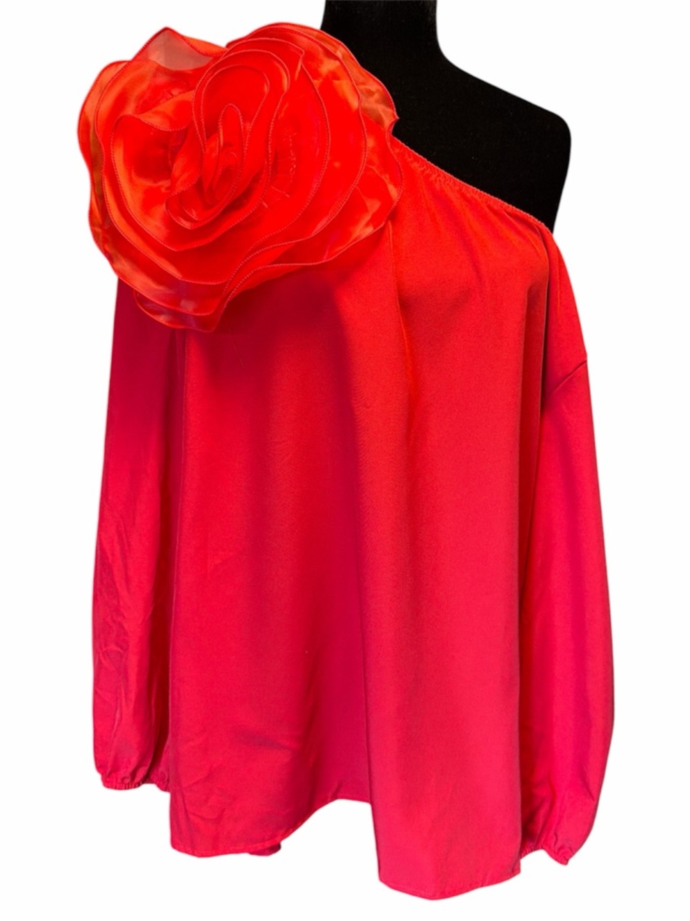 NWOT Red One-Shoulder Satin Top with Floral Accent - Picture 3 of 10